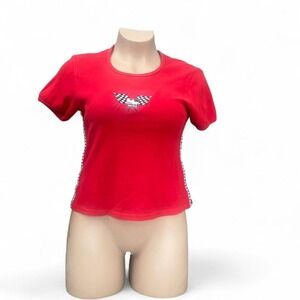 90s y2k Red vintage IndyCar Series baby tee with checkered flag design L/XL (L4)